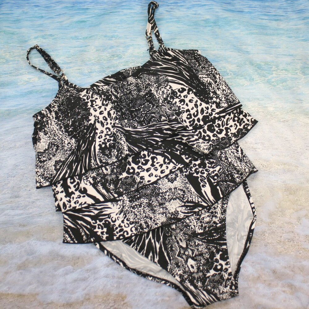 SHORE SHAPES Swimsuit Animal Print One Piece Snakeskin Ruffle Black White 12